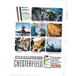 Men of America US Sub Hunter Chesterfield Cigarette Ad 1960s Vintage Print 9 in